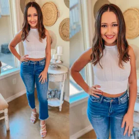 Making the Rules Jacquard Print Tank Crop Top in White Flatlock Stitching Technique Retro Style