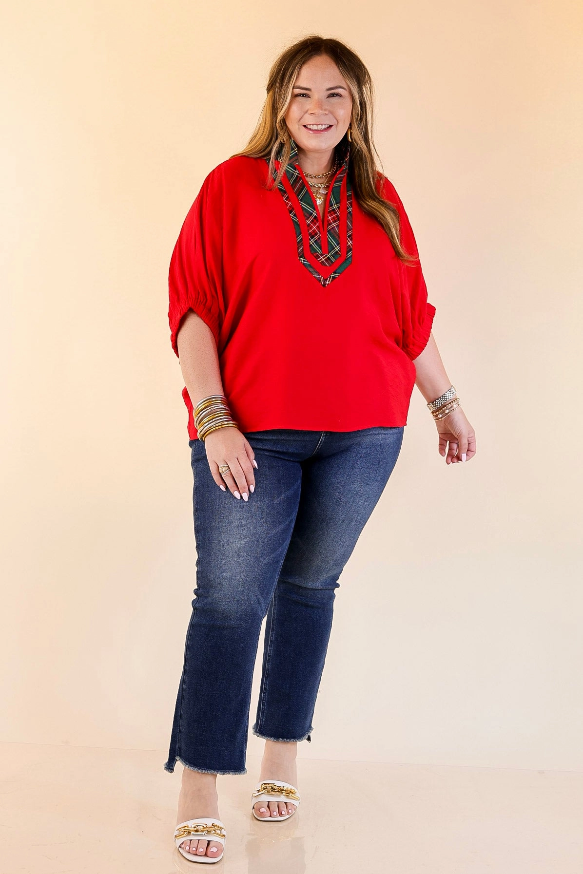 Naturally Stylish Poncho Top with Green Plaid Trim in Red Thermal Regulation Fabric Chill Comfort