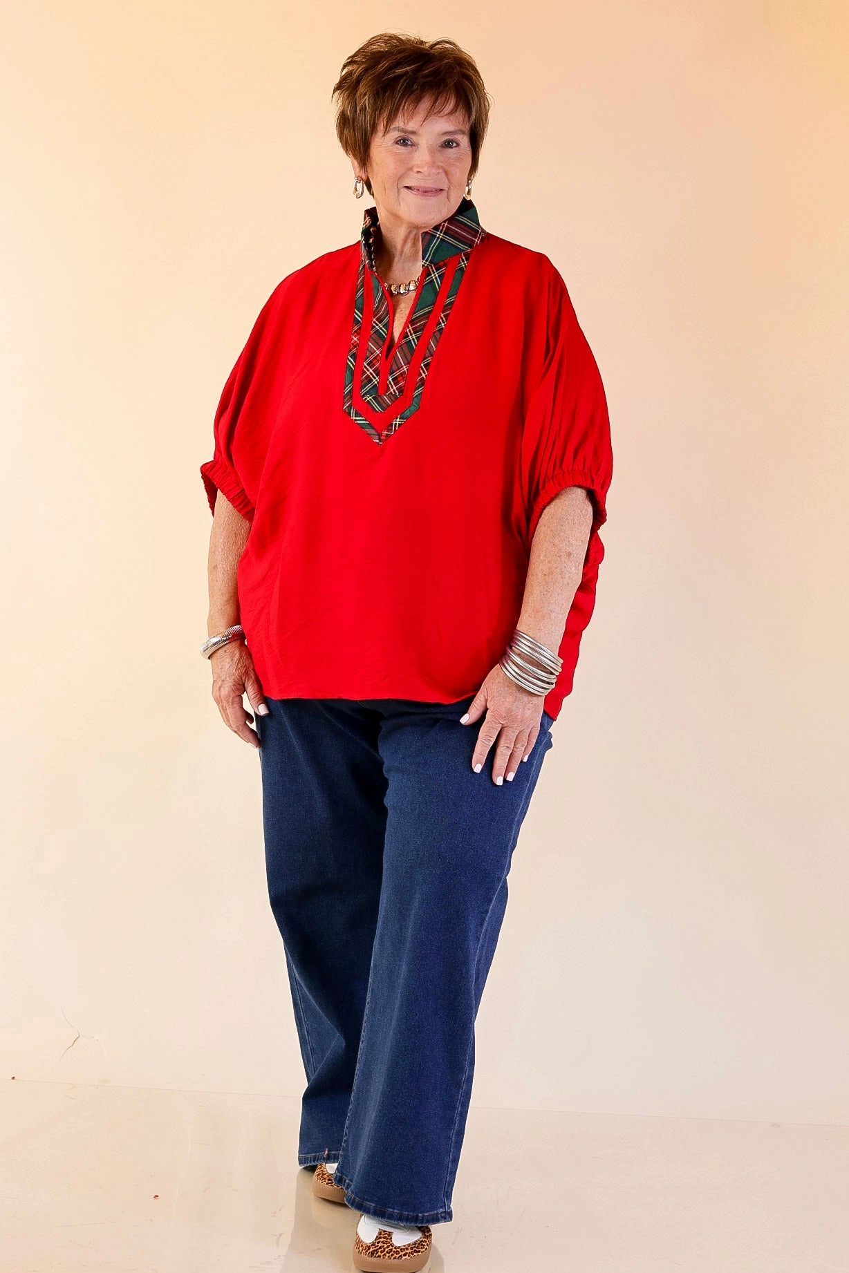 Naturally Stylish Poncho Top with Green Plaid Trim in Red Active Layer Bold Graphics