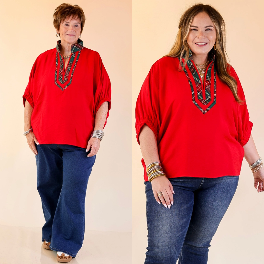 Naturally Stylish Poncho Top with Green Plaid Trim in Red Comfy Design Polished Finish