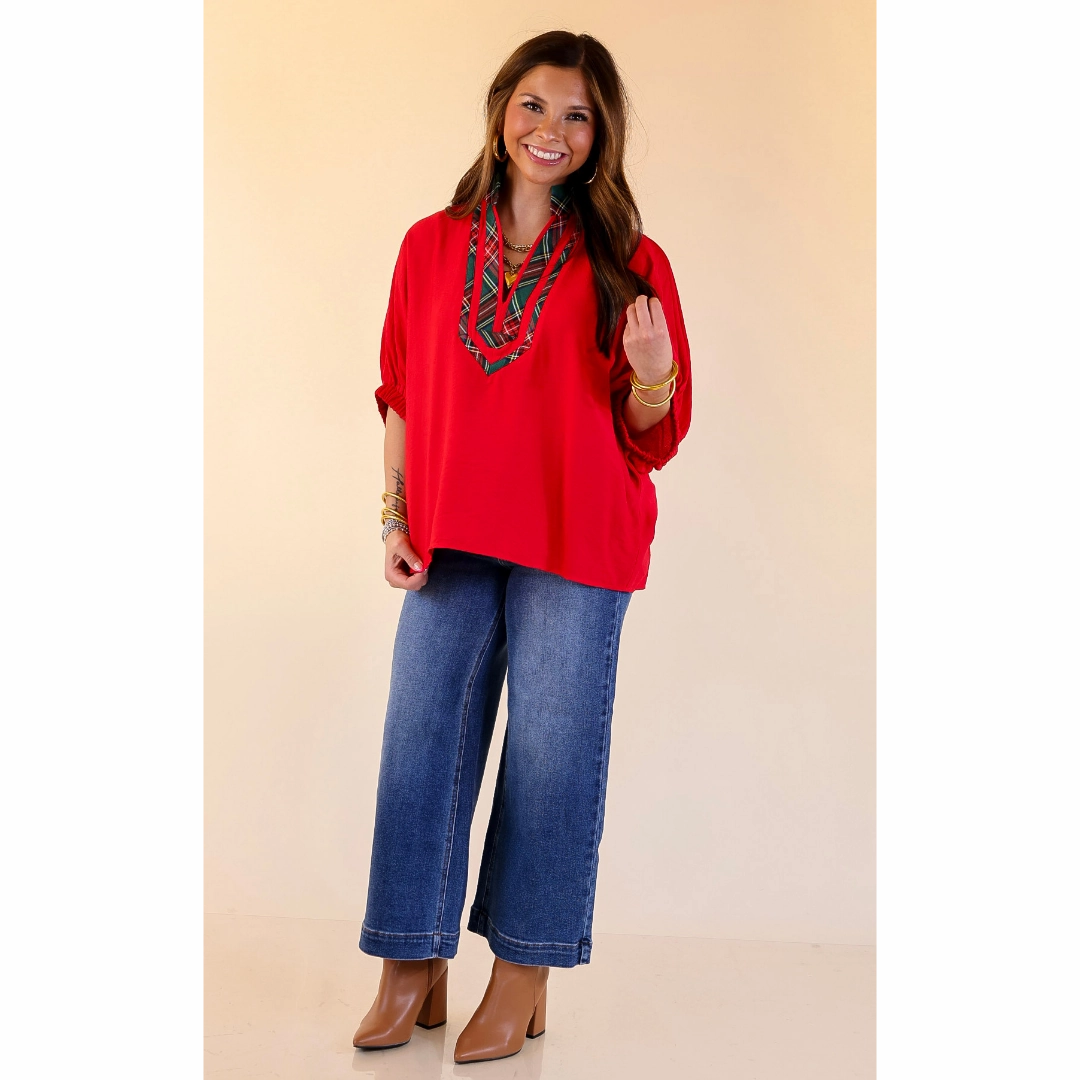 Layered Sleeve Cuffs Urban Comfort Naturally Stylish Poncho Top with Green Plaid Trim in Red