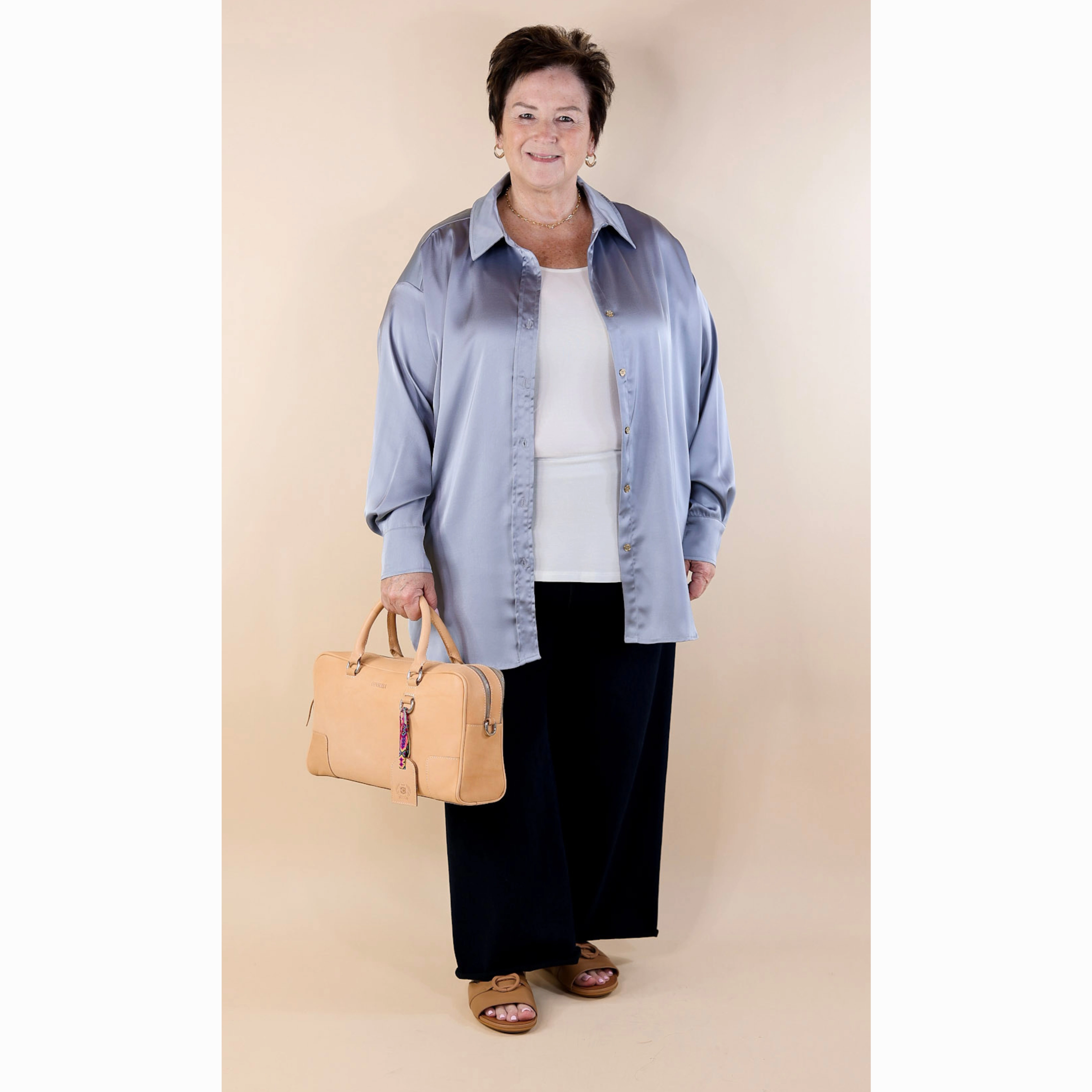 Vibrant Hue Tell Me Something Good Long Sleeve Button Up Top in Dusty Blue