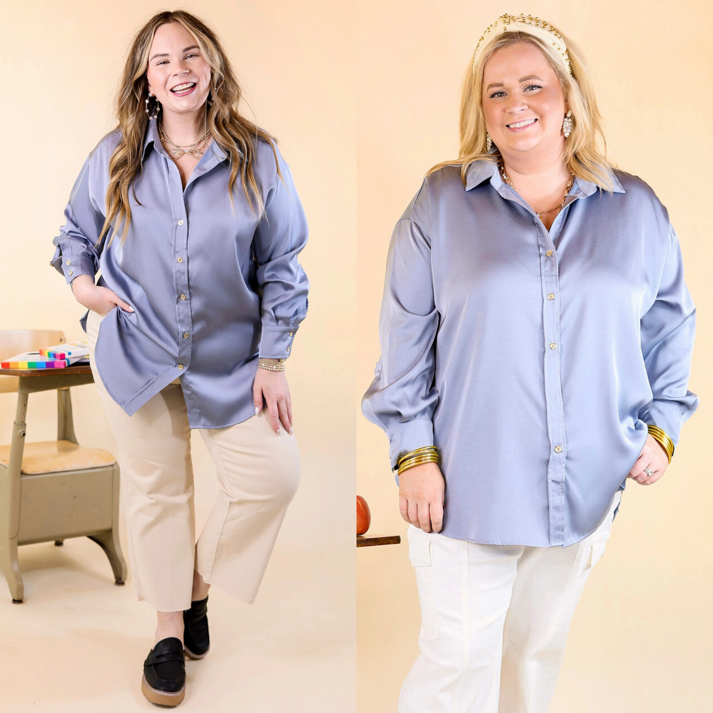 Tell Me Something Good Long Sleeve Button Up Top in Dusty Blue Layered Look Fall Fashion