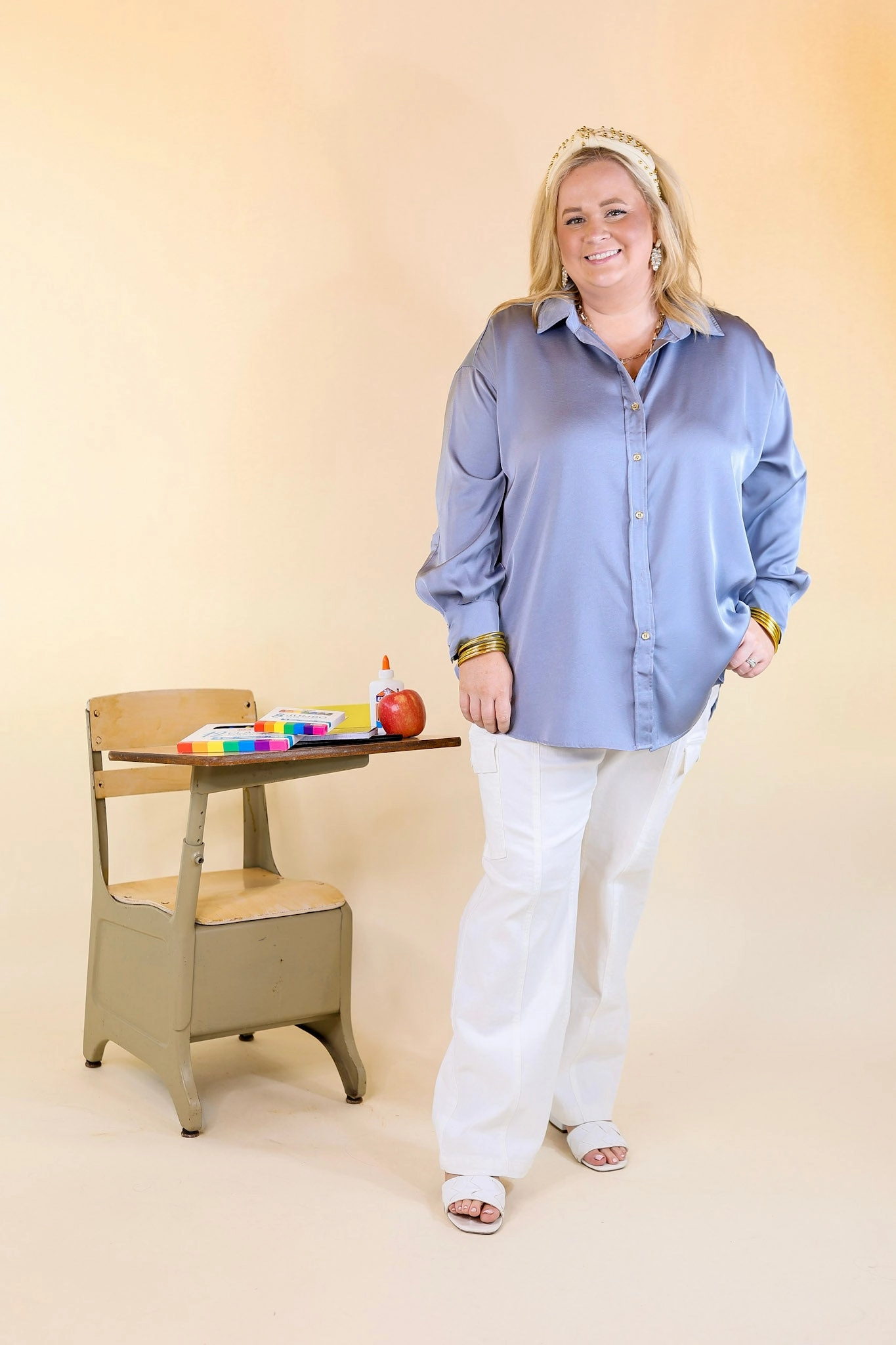 Tell Me Something Good Long Sleeve Button Up Top in Dusty Blue Youthful Vibe