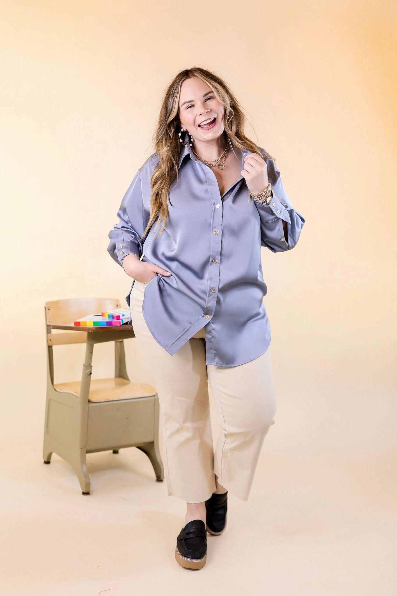 Tell Me Something Good Long Sleeve Button Up Top in Dusty Blue Wardrobe Staple